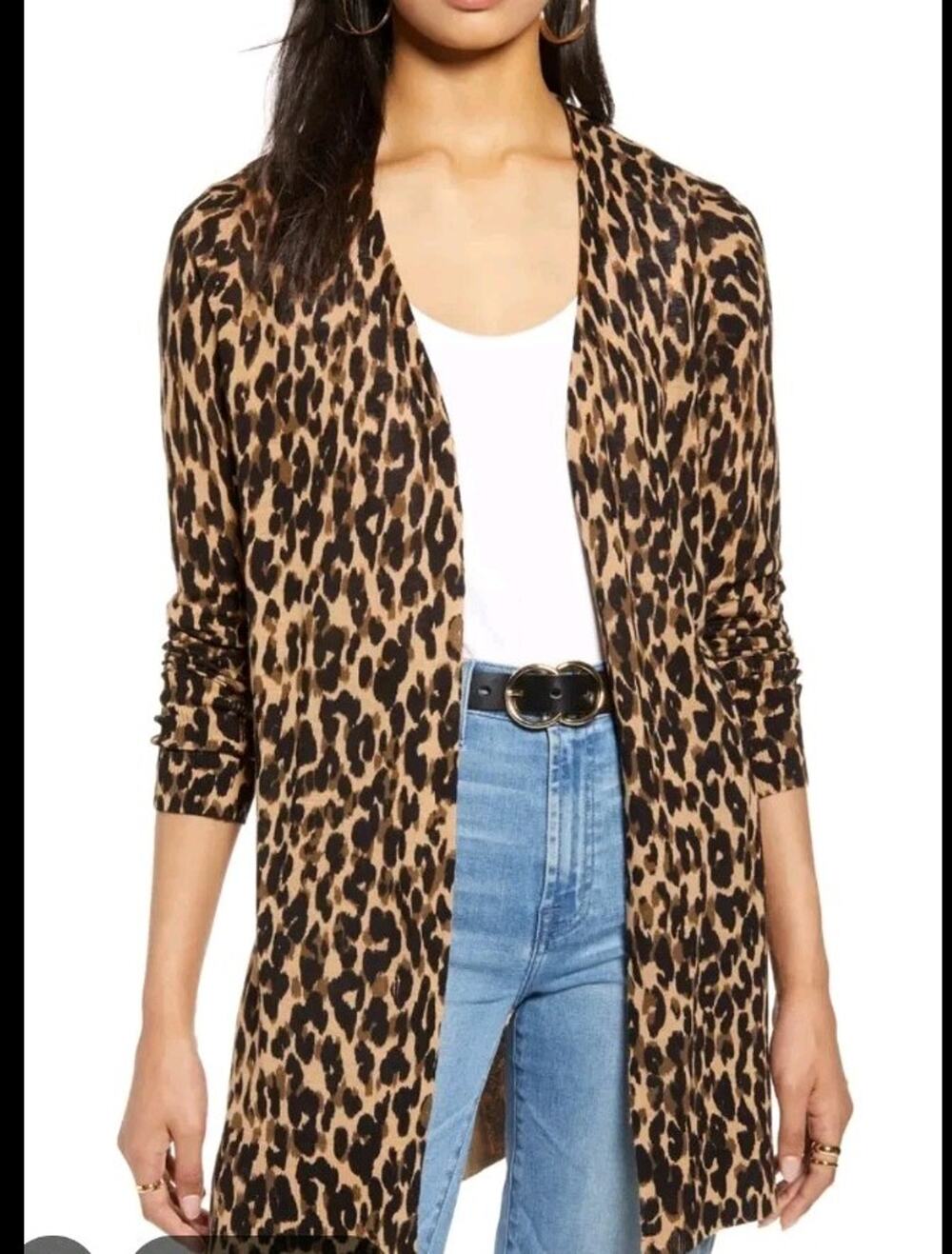 Halogen Leopard Print Linen Blend Open Front Cardigan Women’s XS Tan Black